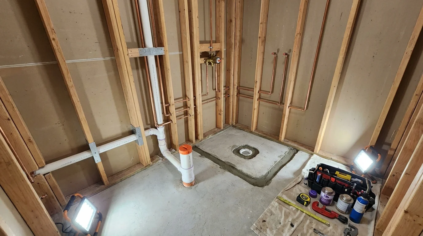 Bathroom rough-in plumbing during remodel by Johns Plumbing LLC in Olney