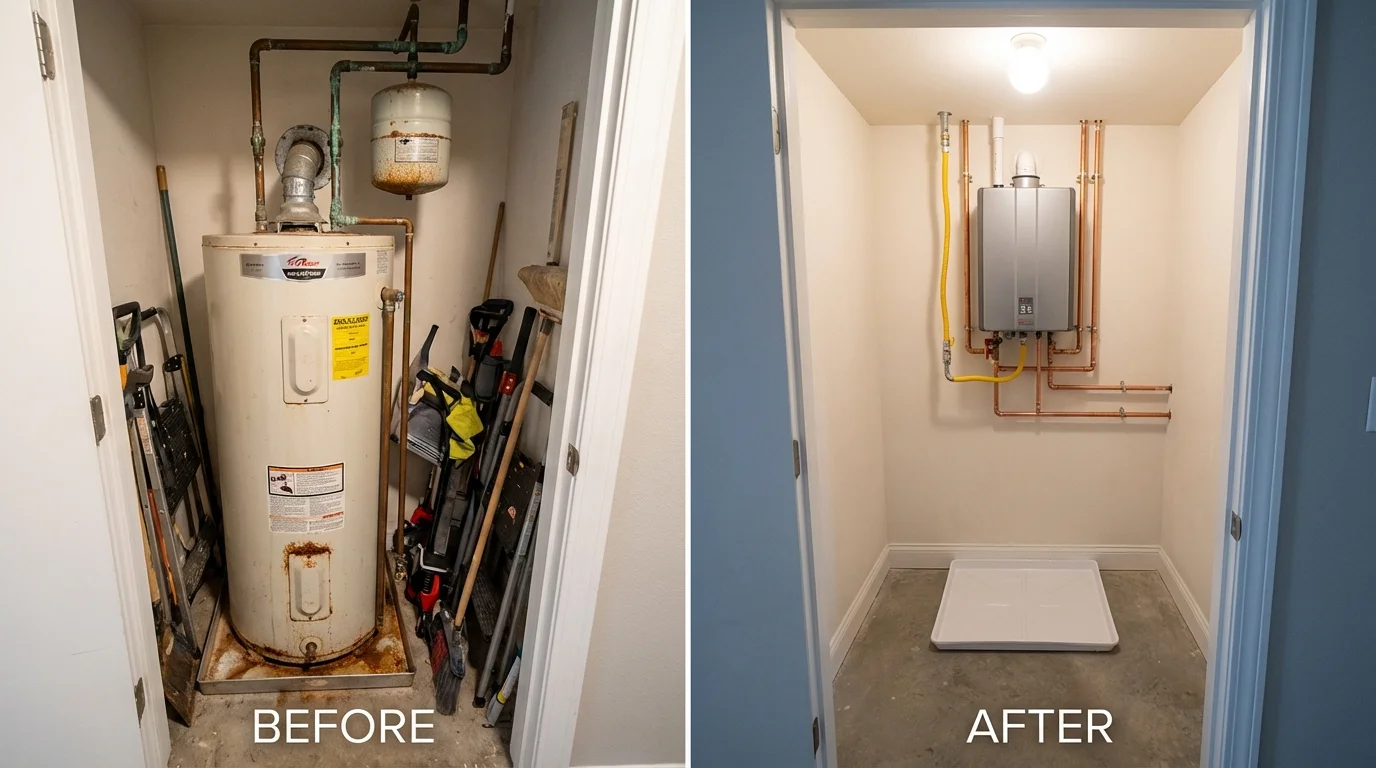 Tank water heater versus wall-mounted tankless unit comparison for Olney, IL homeowners