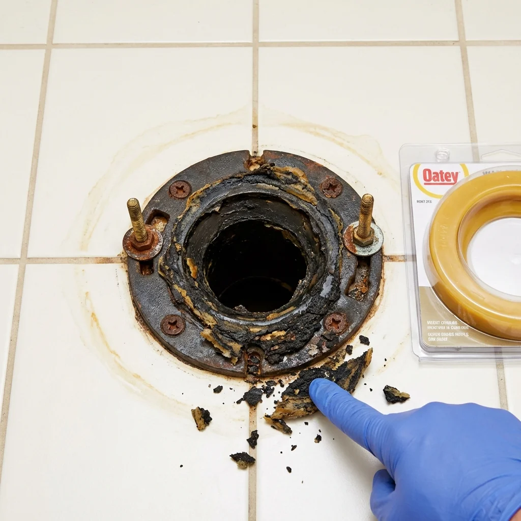 Failed wax ring showing water seepage at the base of a toilet in a Olney, IL home