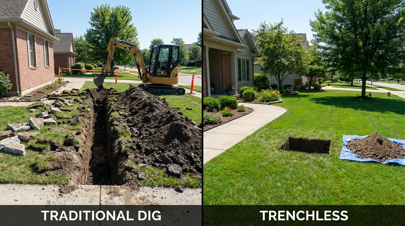 Trenchless sewer repair with minimal yard damage versus traditional excavation in Olney, IL